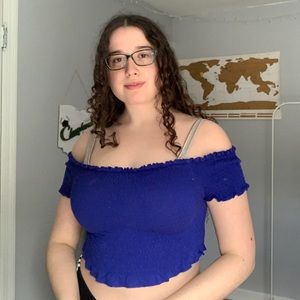 BLUE RIBBED OFF THE SHOULDER CROP TOP